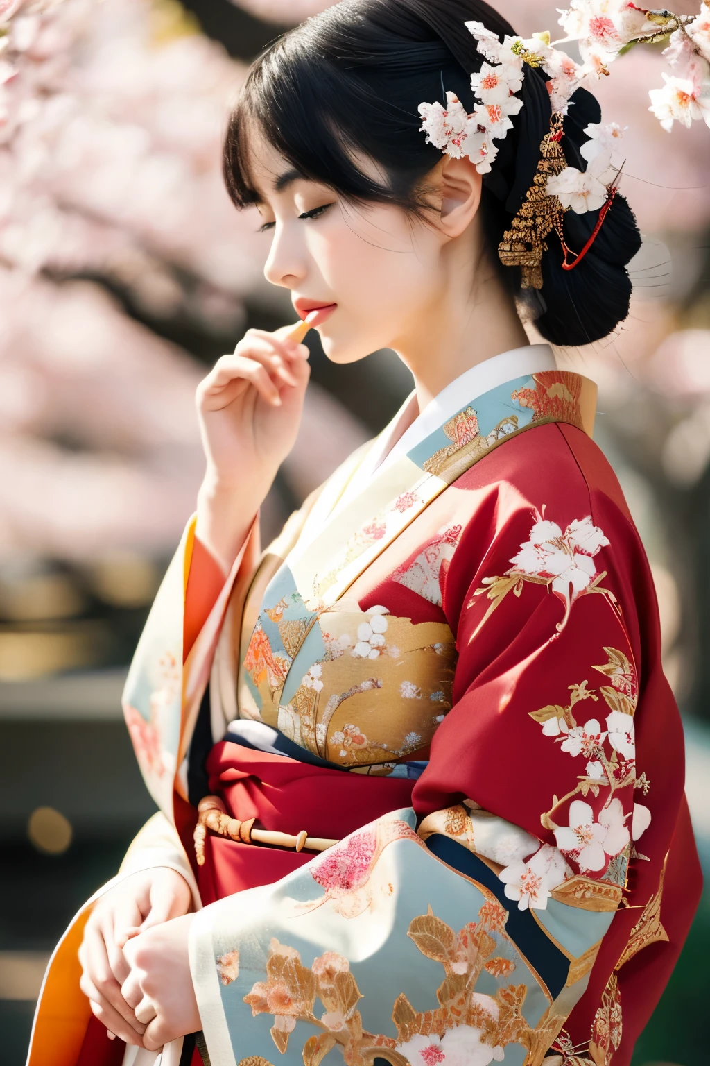 (best quality,4k,8k,highres,masterpiece:1.2),painted portrait,traditional Japanese artwork,Kimono,delicate patterns,red and gold colors,fine brushstrokes,meticulous details,historical figure,serene expression,graceful posture,ornate hair accessories,traditional fan,shrine in the background,faint cherry blossom petals,soft sunshine filtering through trees,subtle lighting,peaceful atmosphere