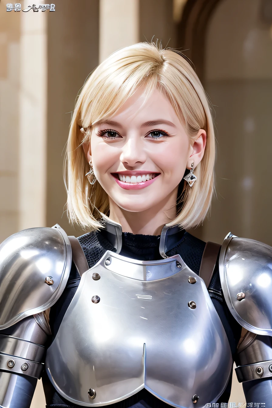 high quality、8k、female knight、The background is a room in a castle.、Luxurious Silver Armor、smile、beautiful teeth、full body photo、hairstyle short cut、ear piercing、white woman、blonde hair、blue eyes、Gummy Smile、、heavy makeup、