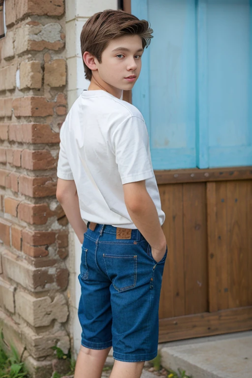 a white 13 year old boy with long brown hait wearing a blue shirt (from back) (full body)