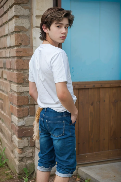 a white 13 year old boy with long brown hait wearing a blue shirt (from back) (full body)