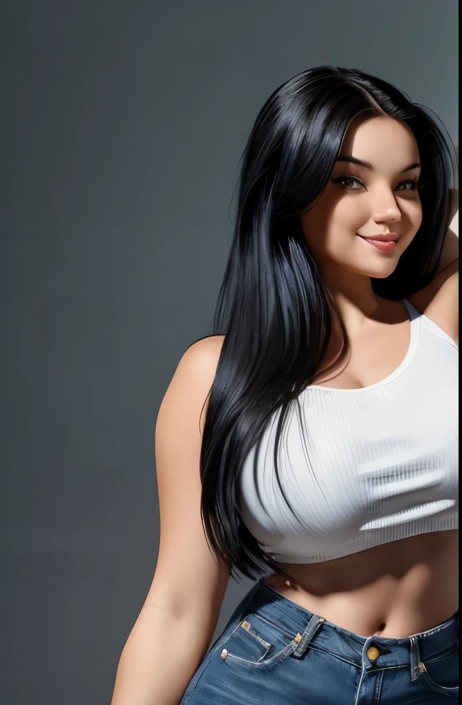Create a realistic woman. It must be a half-naked silicone hotwife, showing off to two men and humiliating her cuckold husband. Must be showing breasts and with anal plug being displayed
