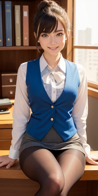 (born, highest quality, masterpiece:1.5), (photo-realistic, intricate details:1.2), ultra high resolution, disorganized,
1 girl, beautiful face, blue eyes, green eyes, fine eyes, symmetrical eyes, light shines on your face, blush your nose, short hair, bun hair, black hair tie, 
clacks, vest, suit, pencil mini skirt, white shirt, silk scarf, black pantyhose, [:The 20th, :0.8],
smile, small dimples, suggest something sexual, 
medium breasts, slim waist, slim legs, long legs,
sitting on a chair in front of the desk, perfect body, good proportions,
looking at the viewer, 
(office, indoor, hyper detailed background:1.2), Japan, Copier, file cabinet, computer, monitor,
shiny skin, real skin texture, 
Natural light, vestライティング, detailed background, detailed shadow, sharp focus, The depth of the written boundary f/2,
saturated, high contrast, strong light and shadow