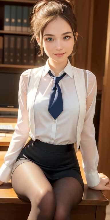 (born, highest quality, masterpiece:1.5), (photo-realistic, intricate details:1.2), ultra high resolution, disorganized,
1 girl, beautiful face, blue eyes, green eyes, fine eyes, symmetrical eyes, light shines on your face, blush your nose, short hair, bun hair, black hair tie, 
clacks, vest, suit, pencil mini skirt, white shirt, silk scarf, black pantyhose, [:The 20th, :0.8],
smile, small dimples, suggest something sexual, 
medium breasts, slim waist, slim legs, long legs,
sitting on a chair in front of the desk, perfect body, good proportions,
looking at the viewer, 
(office, indoor, hyper detailed background:1.2), Japan, Copier, file cabinet, computer, monitor,
shiny skin, real skin texture, 
Natural light, vestライティング, detailed background, detailed shadow, sharp focus, The depth of the written boundary f/2,
saturated, high contrast, strong light and shadow