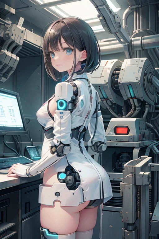 (realistic:1.4), (Raw photo)table top, highest quality, very detailed, (realistic:1.4), (8K, 4k, highest quality, High resolution, 超High resolution:1.1), 8K portrait,1 girl, Japanese アンdroid gid,Plump , announcer,Control panel,アンdroid,droid,mechanical hand, ,robot arms and legs, black hair,Machine body,dull bangs,white robot parts,perfect robot woman,charging spot,long tube,A thick cable was connected to his neck...,ceramic body ,Machine body, mechanical ear covers,アンdroid,robot humanoid,a little chubby,panties,full eyes,perfect machine body,white robot body,laboratory of the future,アンdroid factory,mechanical ear covers,white and light blue uniform,aqua accent costume,