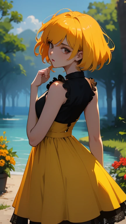 (obra maestra,mejor calidad,edgCalidad),exterior,garden,flores,luz del sol moteada,huevo,cabello corto, golpes, ingestas de cabello, pelo multicolor, pelo sobre los ojos,mujer vistiendo un vestido amarillo,edgYSD,mirando al espectador,big booty