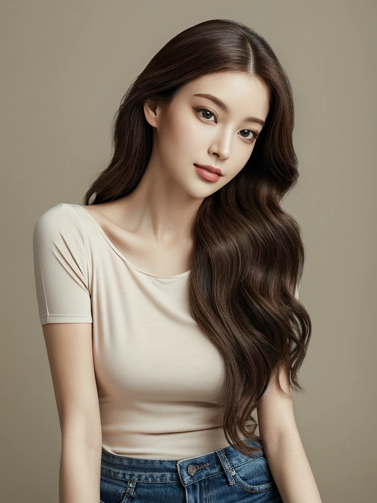 A stunning full-length portrait of a beautiful biracial woman with both Korean and Japanese heritage. She has delicate, elegant features - large, expressive eyes, high cheekbones, and full, luscious lips. Her skin is flawless and glowing with a subtle warm tone.
The woman's long, silky hair cascades down past her shoulders in soft, flowing waves. It is a rich, dark brown color with subtle auburn or chestnut undertones, framing her face beautifully.
She is wearing a simple, fitted T-shirt and a pair of well-fitting blue jeans that complement her figure. The casual, everyday outfit allows her natural beauty to shine without distractions.
The full-length composition shows the woman's graceful posture and the elegant lines of her body. The lighting is soft and romantic, creating dramatic shadows that accentuate her delicate features and the contours of her form.
The background is a simple, neutral color or gradient, keeping the focus squarely on the captivating subject. The woman's expression is serene and captivating, her gaze drawing the viewer in.
She embodies an air of quiet confidence and timeless, cross-cultural beauty. The overall mood of the portrait is one of refined elegance and understated sophistication.
