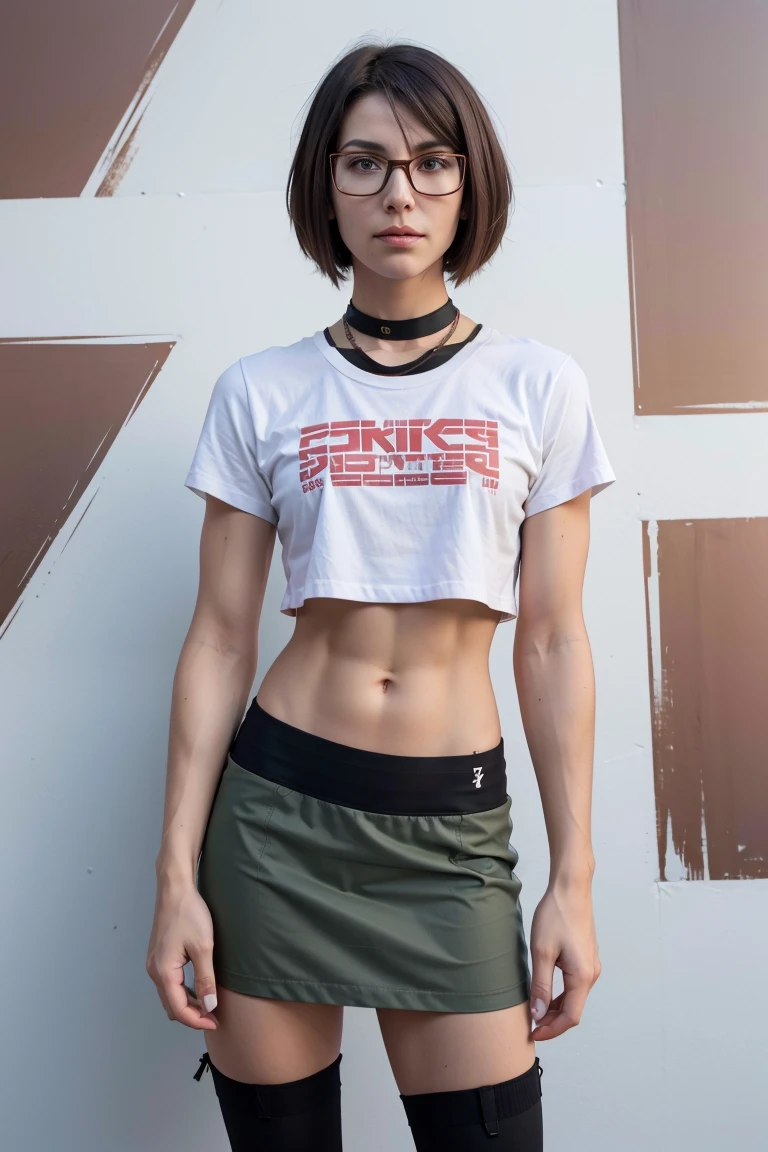 Low view perspective, RGShiki, short hair, glasses, skirt,  super powerful, pink eyes, midriff, riding boots, white socks, toned arms, toned abs, tall and sexy, powerful, superb face, perfect body, tall, happy, smug, very large chest, choker collar, 20yo, toned abs, evil smile