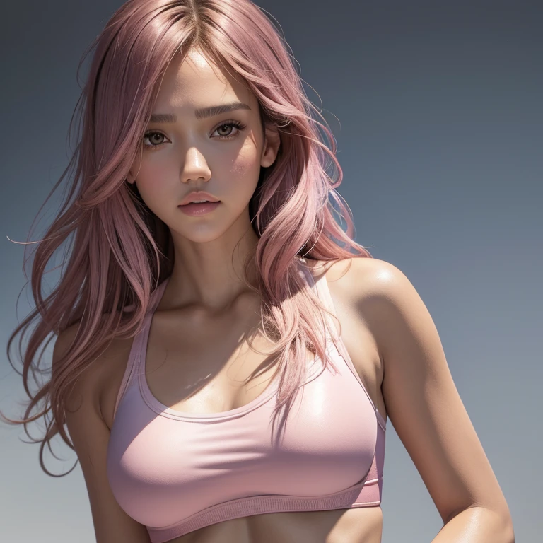 Jessica Alba, (masterpiece),(best quality:1.1),(ultra-detailed),best illustration,finely detail,(portrait:1.1),(intense close-up),watercolor drawing)floating,1girl,solo,18 years old,muscular,(extremely delicate and beautiful face),(detailed pink eyes),pink thick lips,(disheveled hair),(wearing a tight sports bra),soft and lazy,(simple background:1.2)whole colored background,clear,4K