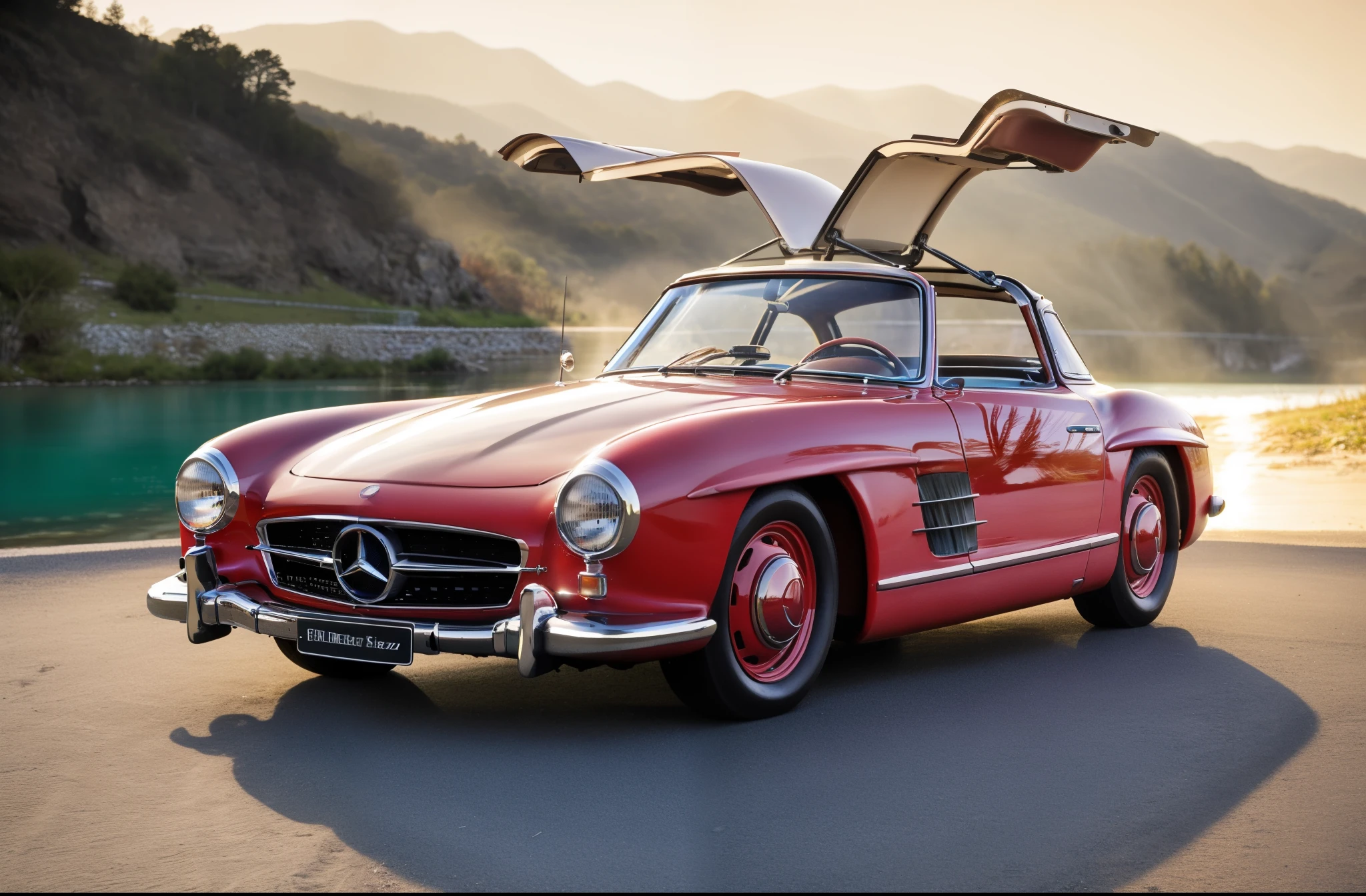 Mercedes-Benz 300SL, racing color car, professional photo, On the bank of a mountain river, high quality, high detail, 8k, ultrarealism, beautiful, cinematic, dramatic light, sharp focus, highly detailed, intricate, innocent, elegant, complex, epic, stunning, artistic, ambient background, inspired, rich deep colors, surreal, vibrant