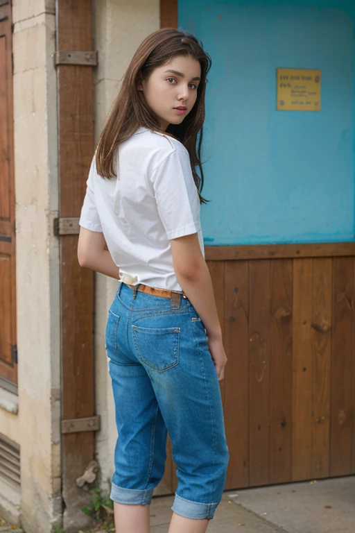 a white 14 year old girl with long brown hait wearing a blue shirt (from back) (full body)