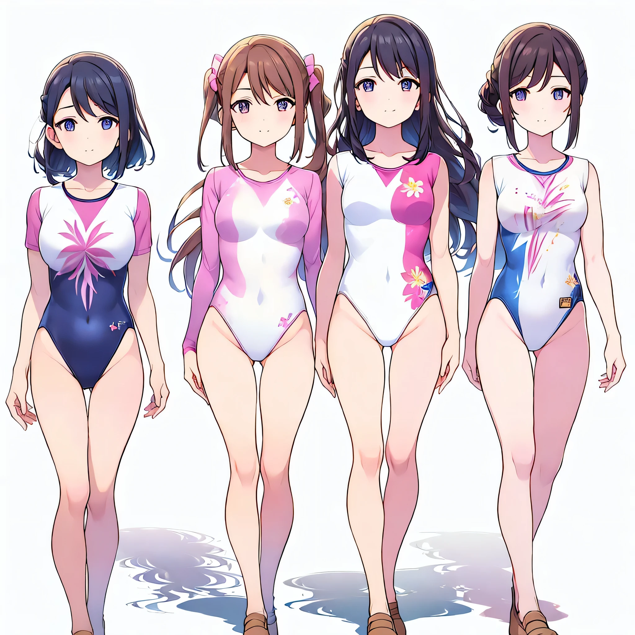 ((full body)),(masterpiece, best quality), (2 girls1.5) ,((Contrapposto:1.5)), looking at viewer, walking,((v_arms:1.2)), (wearing gymnastics_longsleeves_leotard_outfit leotard:1.3),(pink leotard) ,(floral print leotard:1.3),{{wearing gym suit:1.3 }}, BREAK masterpiece black hair, ((long hair:1.2)), ((parted bangs:1.3)), black eyes, good hand, ((small breasts)), (over 20 years old, under 25 years old:1.2), , spotlight, happy, smile, BREAK white background