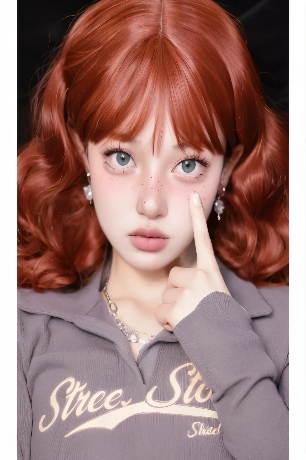 a close up of a woman with rojo hair and a gray shirt, retrato realista kawaii, adolescente hiperrealista, rojo wig, with curly rojo hair, curly copper colorojo hair, soft rojo hair, coral brown hair, con hermosos ojos detallados, pelo ondulado de jengibre, ulzzang, ojos grandes y detallados, ((rojo)) ojos holgados, lindos ojos redondos e inclinados