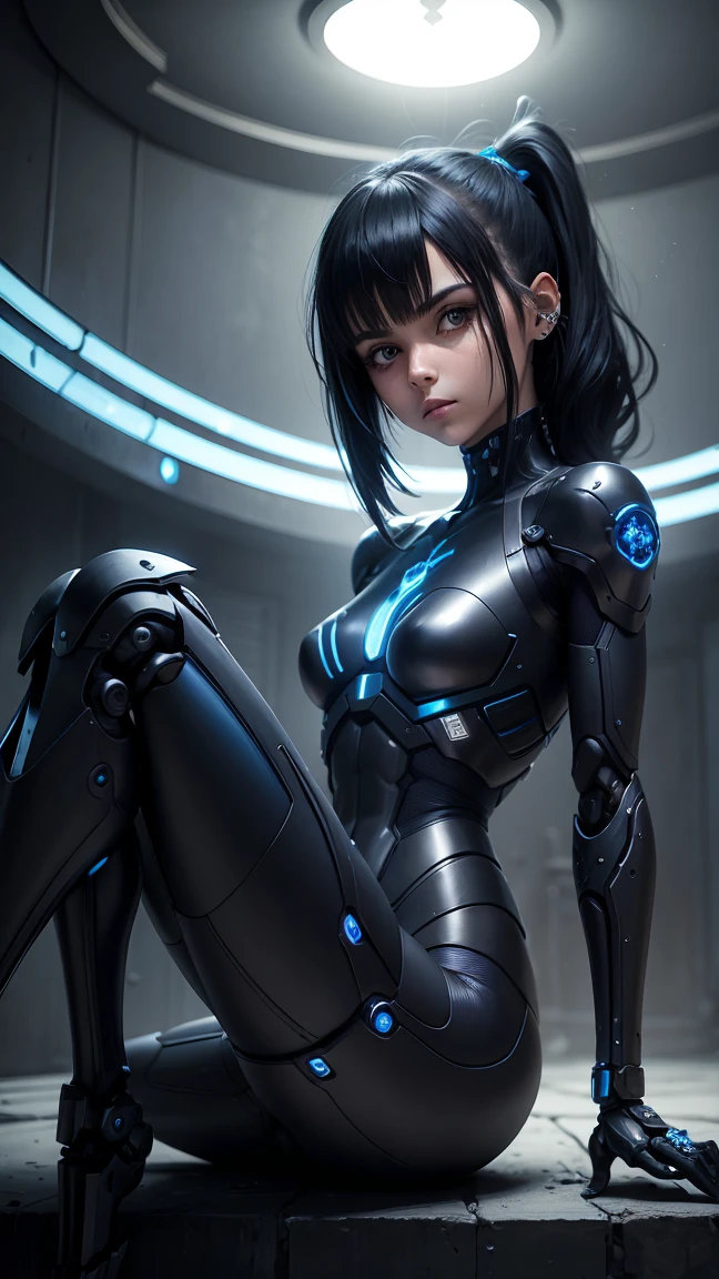 Chica ultra realista , 12 years , flequillo de pelo negro muy largo , nucleo de energia azul , No expression. Cyborg arms and legs mechanical limbs. . Dark mansion . parado frente