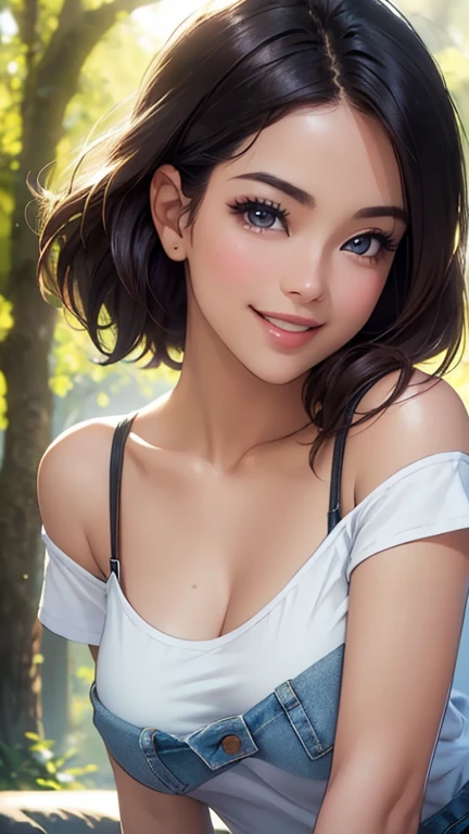 (Best quality,Ultra detailed,Photorealistic:1.37),bright and rich colors,studio lighting,playful and smiling expression of a beautiful face,stylish makeup, short denim shorts,hair fluttering in the wind,alluring smiling eyes, (((short T-shirt with a deep neckline))), glossy lips,y free pose, I smile confidently and seductively,posing for a professional photo shoot,shallow depth of field,highlighting the main subject,soft natural light,Creating a dreamy and magical atmosphere.