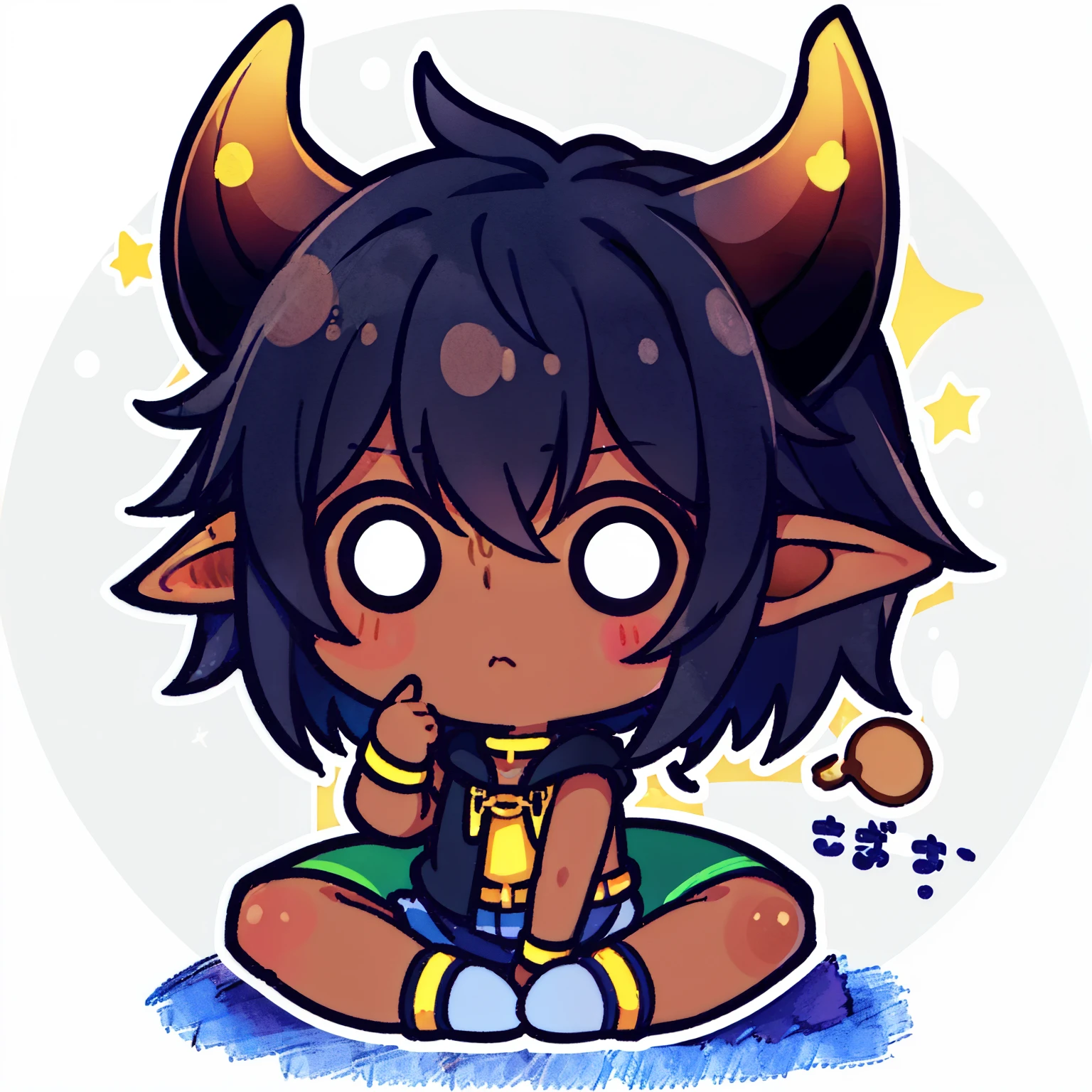 Species: Oni
Appearance:
Skin Color: Deep Blue
Hair: Short, disheveled, and white
Horns: Black and curved
Eyes: Bright yellow with slitted pupils
Ears: Pointed and purple
Tail: Long, pink with an arrow-shaped tip
Clothing: Black pants and a light green sash around the waist
Accessories: Gold hoop earring in the right ear
Cute Chibi oni
Fat oni,BBW,huge Belly, Overweight,Weight gain
