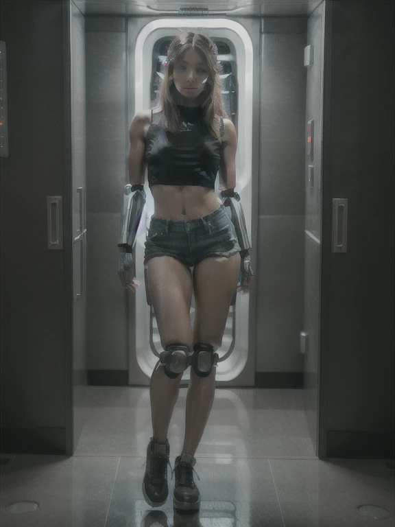 ((full body, Are standing):1.5), {(Princess Zelda)}, {((Comes with bionic body parts, Wearing a very tight black sleeveless shirt, Short Jeans Shorts)), ((very big breasts) ), ((very short, pink straight hair, blue eyes)), look at the viewer, smile, ((Strike an erotic pose)), ((Inside the spacecraft of the future, In front of the elevator, A window showing the stellar space, Futuristic machine, humanoid robot, Robot stuck in wall, Lighted pipe))}, 16k, highest quality, highest resolution, Maximum sharpness, super detailed, 16k, highest quality, highest resolution, Maximum sharpness, super detailed