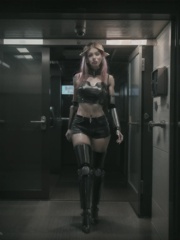 ((full body, Are standing):1.5), {(Princess Zelda)}, {((Comes with bionic body parts, Wearing a very tight black sleeveless shirt, Short Jeans Shorts)), ((very big breasts) ), ((very short, pink straight hair, blue eyes)), look at the viewer, smile, ((Strike an erotic pose)), ((Inside the spacecraft of the future, In front of the elevator, A window showing the stellar space, Futuristic machine, humanoid robot, Robot stuck in wall, Lighted pipe))}, 16k, highest quality, highest resolution, Maximum sharpness, super detailed, 16k, highest quality, highest resolution, Maximum sharpness, super detailed
