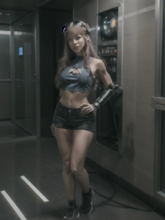 ((full body, Are standing):1.5), {(Princess Zelda)}, {((Comes with bionic body parts, Wearing a very tight black sleeveless shirt, Short Jeans Shorts)), ((very big breasts) ), ((very short, pink straight hair, blue eyes)), look at the viewer, smile, ((Strike an erotic pose)), ((Inside the spacecraft of the future, In front of the elevator, A window showing the stellar space, Futuristic machine, humanoid robot, Robot stuck in wall, Lighted pipe))}, 16k, highest quality, highest resolution, Maximum sharpness, super detailed, 16k, highest quality, highest resolution, Maximum sharpness, super detailed