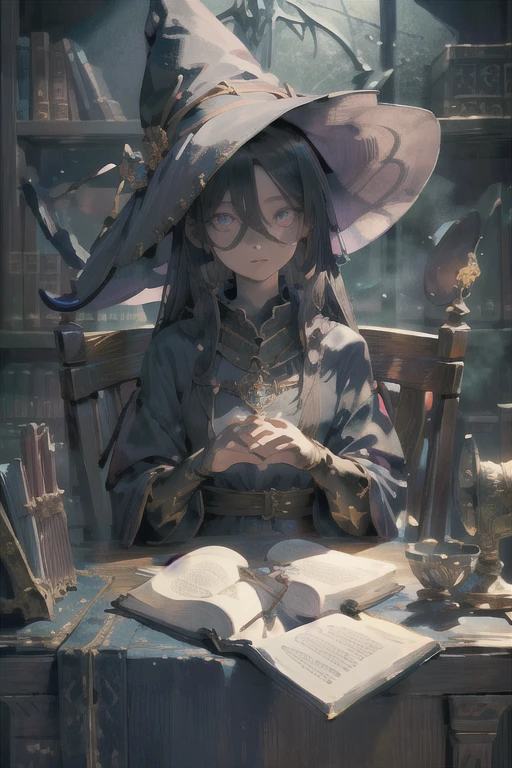 A Beautiful young woman posing sitting, wearing a witch outfit, witch hat, perfect proportions, (detailed eyes, eye correction), realistic hands, detailed hands and fingers, (medium chest), Definition and sharpness of textures, two-color light, rule of thirds, library room, (Delicate images), (Highly detailed), (high resolution), (Best quality), (masterpiece)