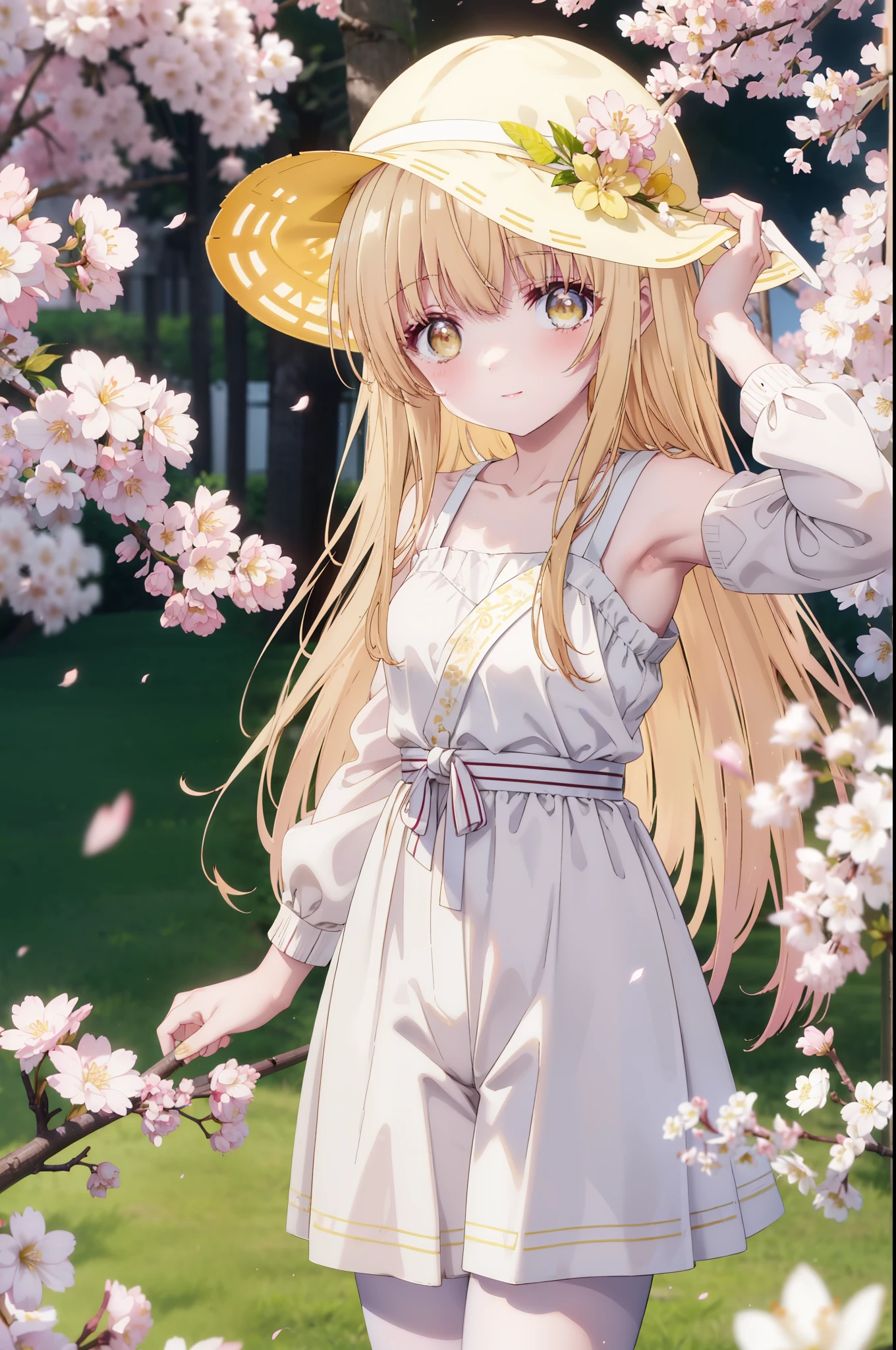 mahirushiina, Mahiru Shiina, long hair, bangs, blonde hair, brown hair, (yellow eyes:1.3), smile,blush,
baseball cap,oversized yellow jacket,The front is open,bare shoulders,pink tank top shirt,shorts,black pantyhose,Mini Boots,The cherry blossoms have bloomed,Cherry blossoms are scattered,Cherry blossom tree-lined path,morning,morning日,太陽が登っている
break outdoors, garden,
break looking at viewer, (cowboy shot:1.5),
break (masterpiece:1.2), highest quality, High resolution, unity 8k wallpaper, (figure:0.8), (detailed and beautiful eyes:1.6), highly detailed face, perfect lighting, Very detailed CG, (perfect hands, perfect anatomy),