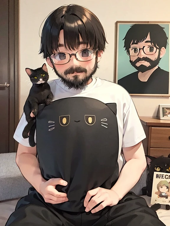 alone, looking at the viewer, short hair, shirt, black hair, 1 boy, male focus, Glasses, indoors,  black shirt, facial hair, animal, Cat, beard, realistic, moustache, black Cat, poster \(object\)