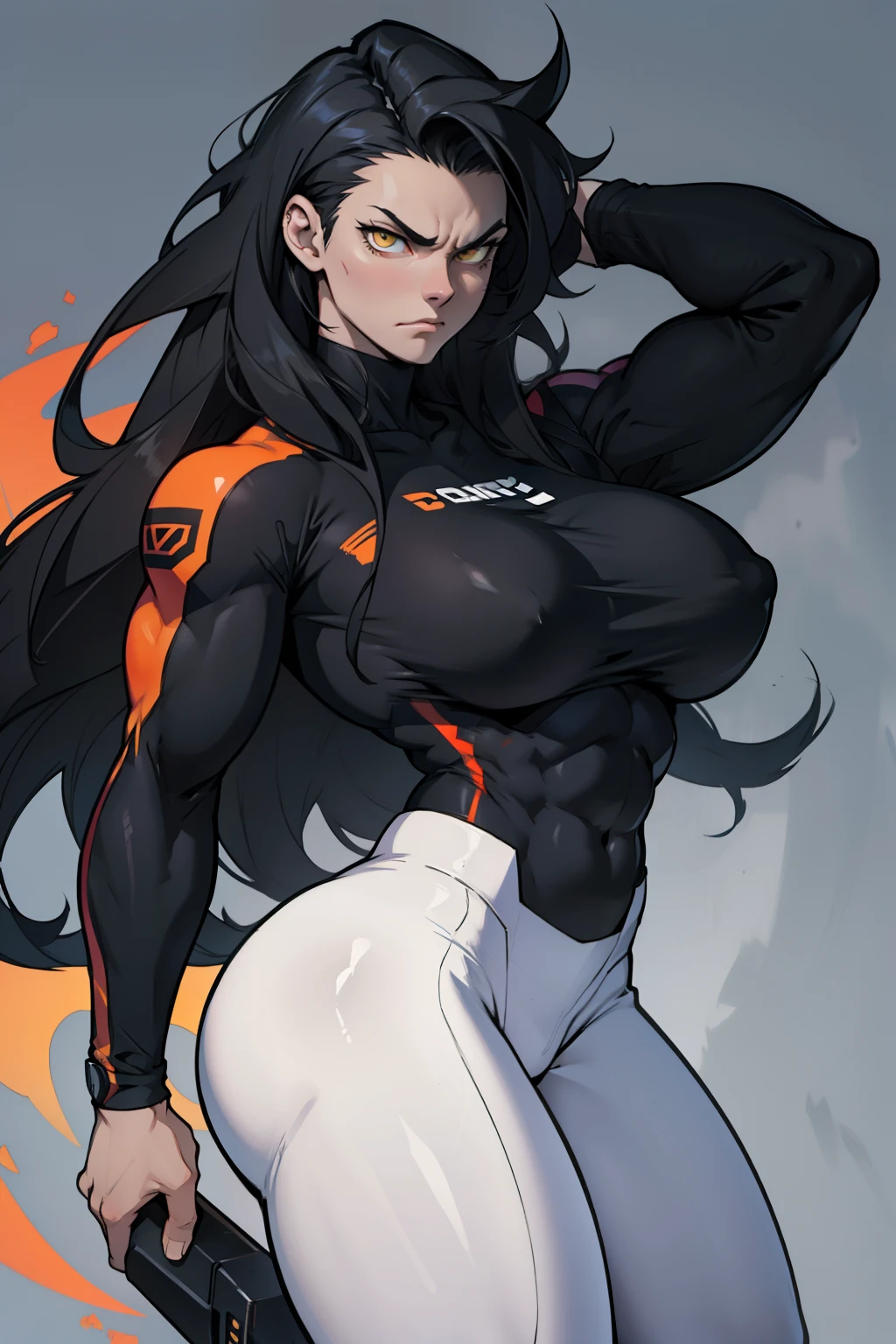 toned body huge breasts huge muscles huge thighs very long hair black hair yellow eyes solo angry best quality perfect anatomy good composition sad pale skin leggings long sleeve