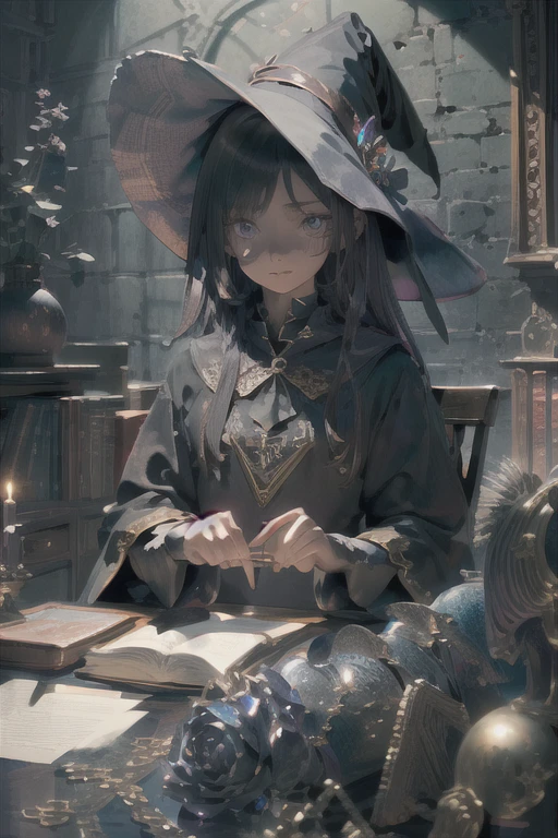 A Beautiful young woman posing, wearing a witch outfit, witch hat, perfect proportions, (detailed eyes, eye correction), realistic hands, detailed hands and fingers, (medium chest), Definition and sharpness of textures, two-color light,library room, 4k, (Delicate images), (Highly detailed), (high resolution), (Best quality), (masterpiece)