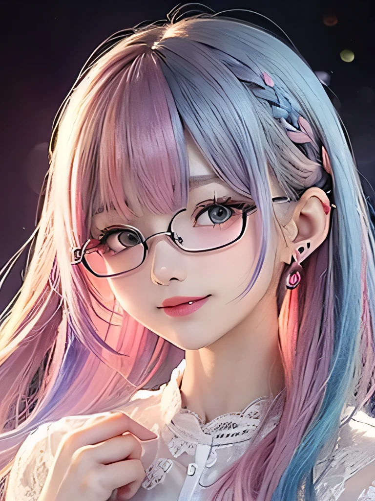 small face、 (alone:1.5,)Super detailed,bright colors, very beautiful detailed anime face and eyes, look straight, shiny_skin,girl, (((rainbow colored hair, colorful hair, Half blue、half pink hair: 1.2))), 、shiny hair, delicate beautiful face, blush、Glasses、(turquoise eyes), , Valletta, earrings,、flower garden、sunset、(((Stylish lace mini skirt,Translucent shirt)))、(twin tails)、smile、happy face、face dyed red、cheerful pose、dynamic、Head to toe full body portrait、(I can see the whole body)