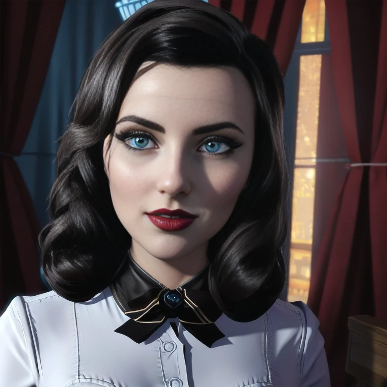 Elizabeth comstock, white blouse, full body portrait, beautiful sexy smirk, bioshock city, red lipstick, blue eyes, (8k, RAW photo, best quality, masterpiece:1.2),ultra-detailed, (high detailed skin:1.2), 8k uhd, dslr, soft lighting, high quality, 