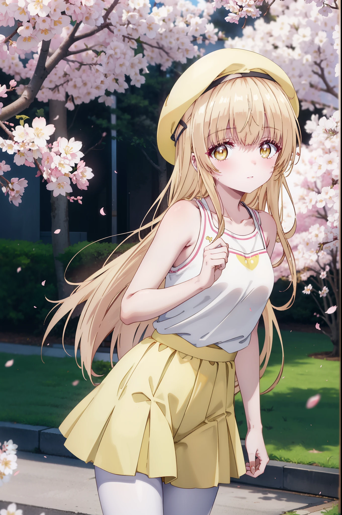 mahirushiina, Mahiru Shiina, long hair, bangs, blonde hair, brown hair, (yellow eyes:1.3), smile,blush,baseball cap,oversized yellow jacket,The front is open,bare shoulders,pink tank top shirt,shorts,black pantyhose,Mini Boots,The cherry blossoms have bloomed,Cherry blossoms are scattered,Cherry blossom tree-lined path,morning,morning日,太陽が登っている
break outdoors, garden,
break looking at viewer, (cowboy shot:1.5),
break (masterpiece:1.2), highest quality, High resolution, unity 8k wallpaper, (figure:0.8), (detailed and beautiful eyes:1.6), highly detailed face, perfect lighting, Very detailed CG, (perfect hands, perfect anatomy),