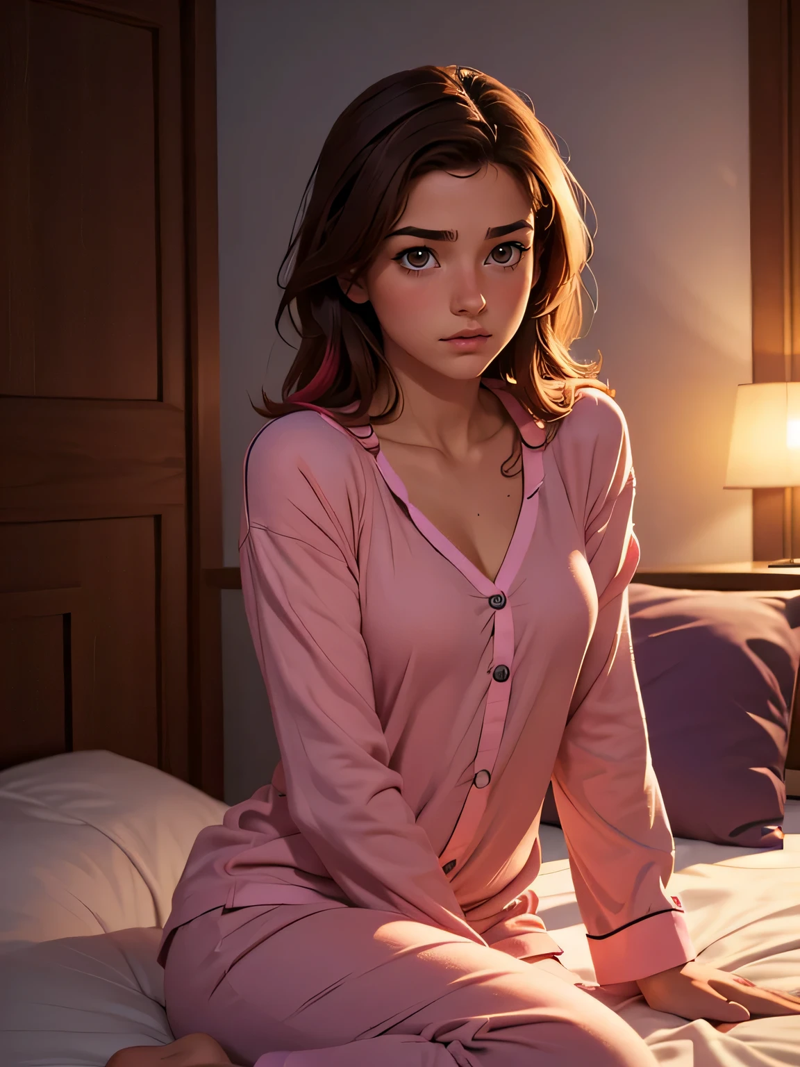 (high resolution, Realistic) beau, adolescente 17 ans mignonne, brune, debout, chambre, pyjama sexy, (Des couleurs vives), (soft lighting), (Portrait), (expressions tendres), (tons de couleurs chaudes)