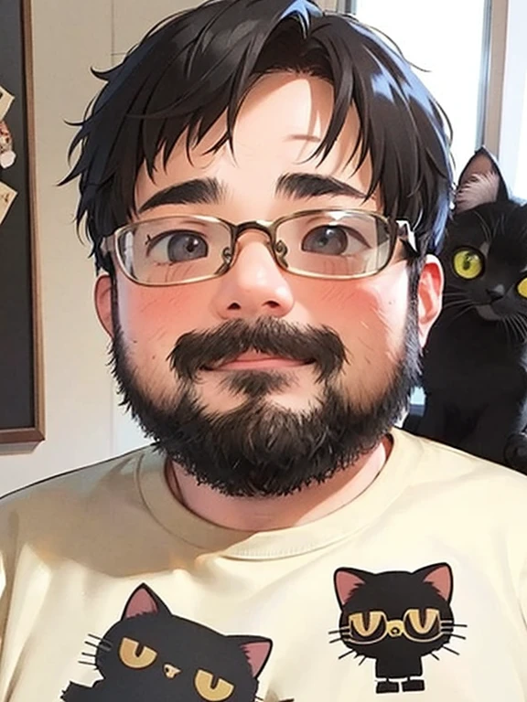 alone, looking at the viewer, short hair, shirt, black hair, 1 boy, male focus, Glasses, indoors,  black shirt, facial hair, animal, Cat, beard, realistic, moustache, black Cat, poster \(object\)