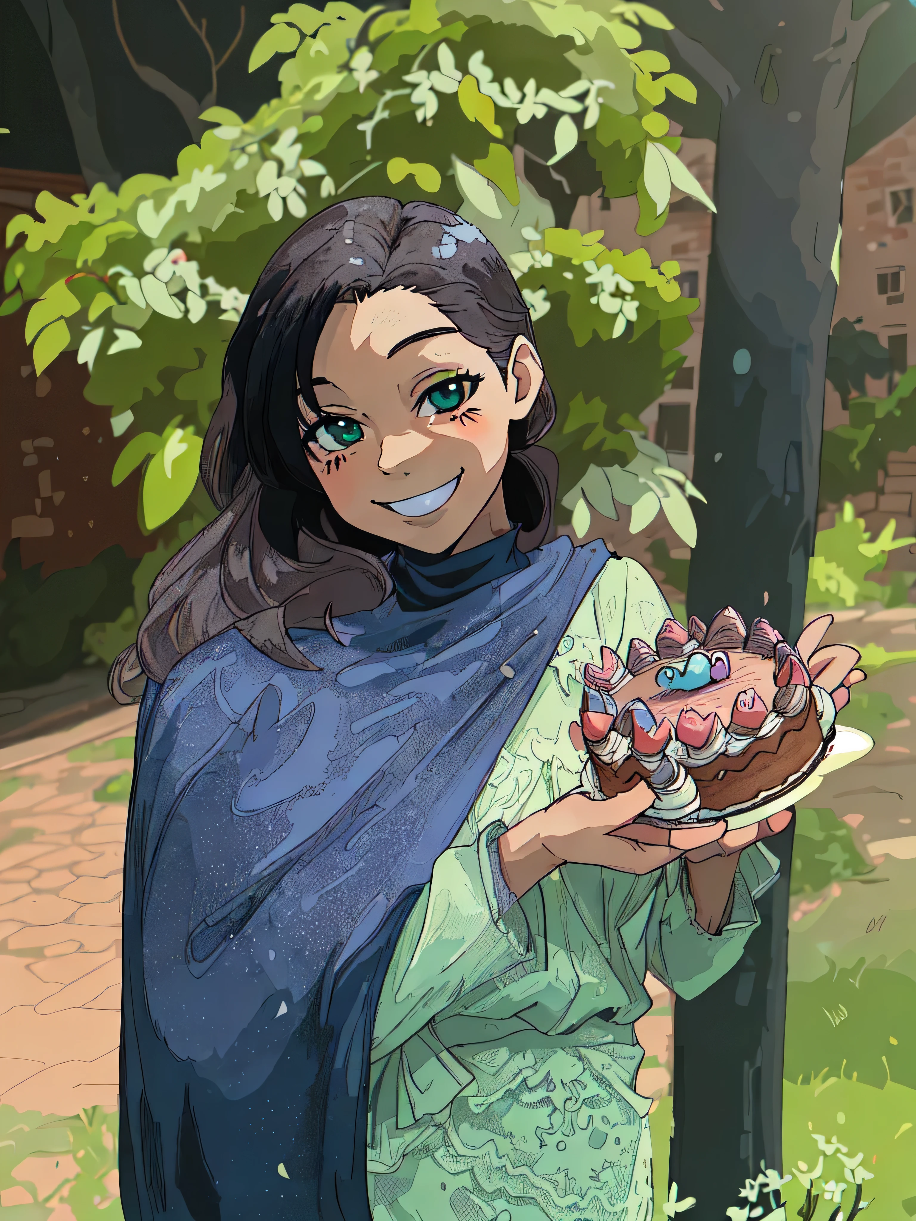 anime filter,smile,holding a cake