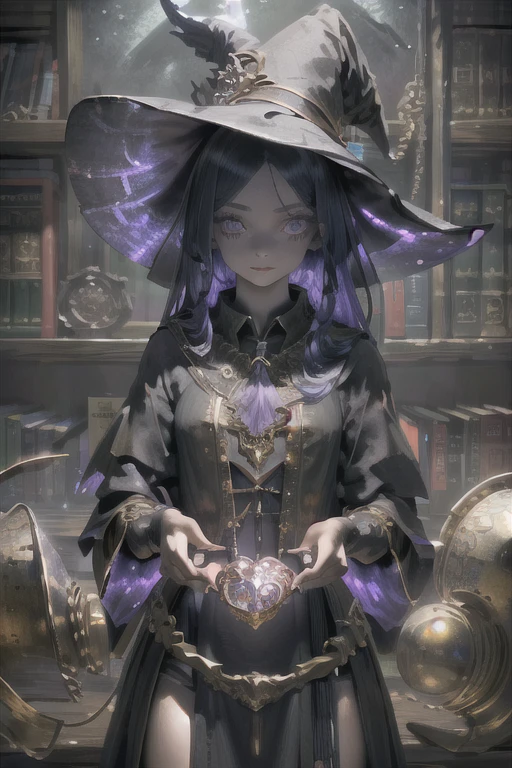 A Beautiful young woman posing, wearing a witch outfit, witch hat, perfect proportions, (detailed eyes, eye correction), realistic hands, detailed hands and fingers, (medium chest), Definition and sharpness of textures, two-color light,library room, 4k, (Delicate images), (Highly detailed), (high resolution), (Best quality), (masterpiece)
