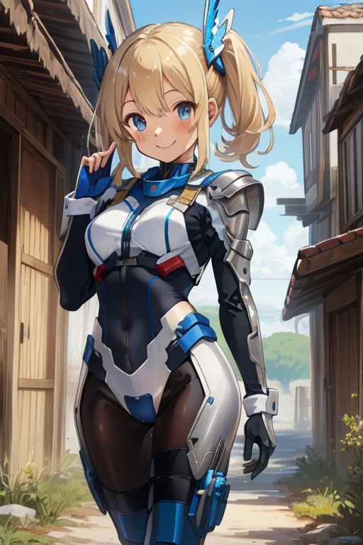 (master piece, highest quality),  intricate details, valkyrie, cute, Smile, (((smile))), raise your hand, looking at the viewer, feather headgear,  desert,Ruins 1 girl, alone, portrait, tentacle pultinum blonde, single blade, single thigh high, independent single sleeve, gloves,
 mecha musume, droid, Mecha, white bodysuit, silver reinforced suit, Silver Pantyhose, full armor,