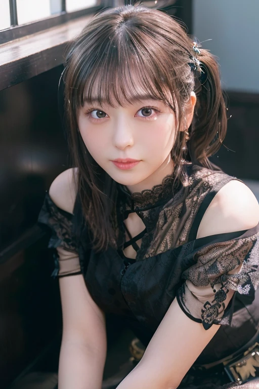 master piece,highest quality,official art,Highly detailed CG Unity 8K wallpaper,Japan Female Students,18 year old girl,very delicate and beautiful,超A high resolution,(Realistic:1.4),golden hour lighting,(platinum short hair:1.5),(puffy eyes),tear bag、looking at the viewer,facing the front,smile,(A sexy dress with plenty of black lace:1.3),beautiful woman、Beautiful and sexy body shape、(european castle:1.5), Close-up, master piece, best quality, RAW photography, Realistic, (Japanese idol-like cute face:1.2), incredibly absurd solution, Buatigal, Depth of the bounds written, High resolution, super detailed, small details, very detailed, highly detailed eyes and face, sharp pupils, Realisticな生徒, fix a sharp focus, cinematic lighting、((pout))、sexy pose、gravure pose、From above、off shoulder、Photograph from the knee up、garter belt、twin tails、black choker、hair ornaments