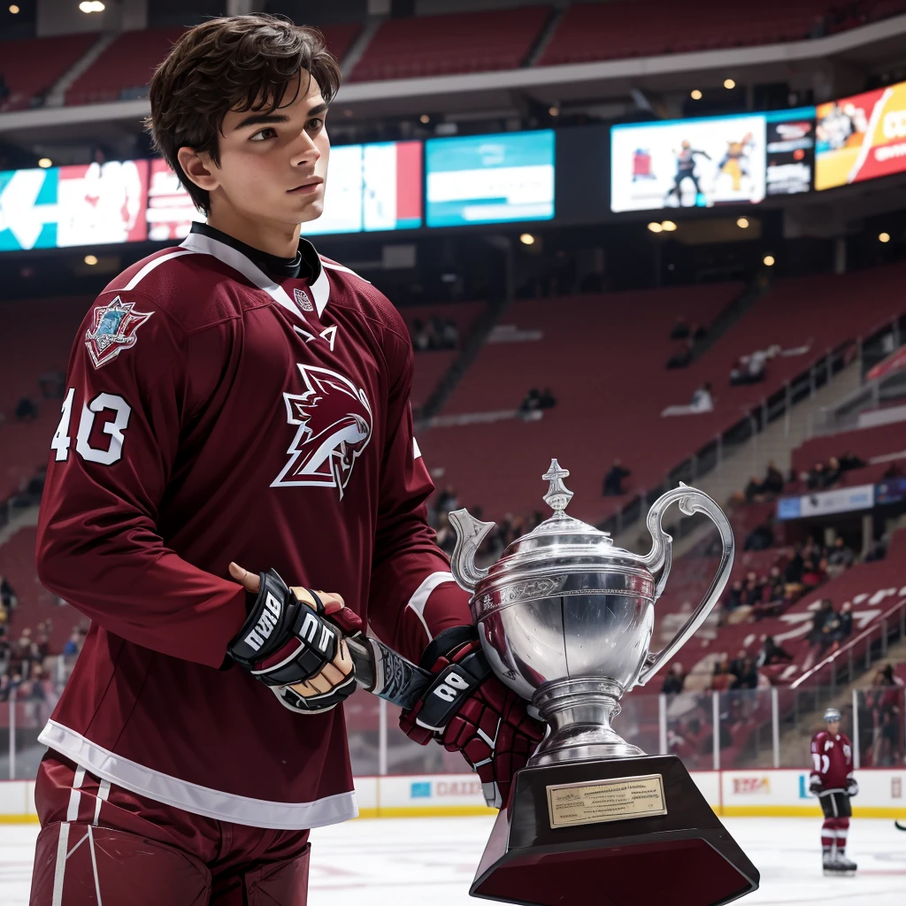A ice hockey male player in a burgundy outfit with a small trophy