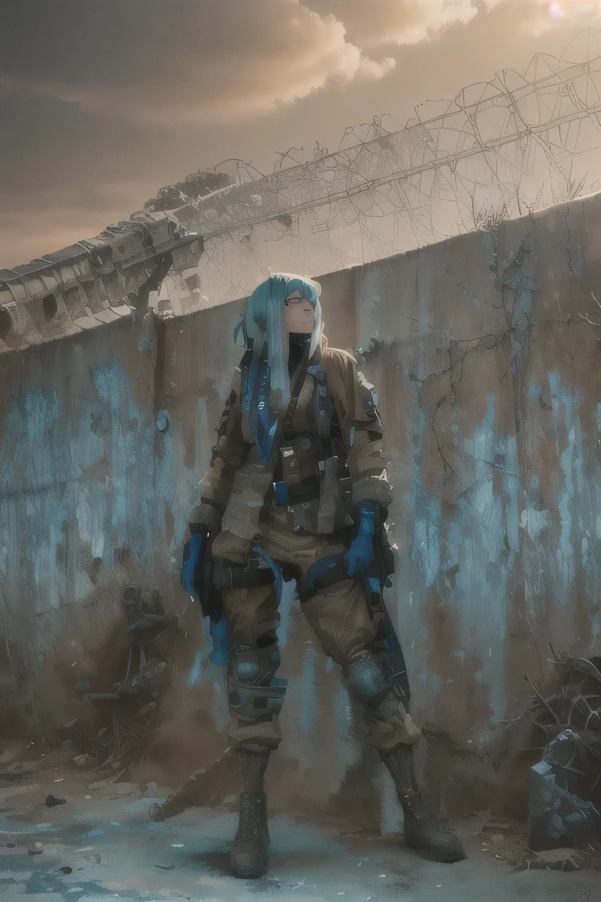 araffe with blue hair and a blue wig standing in front of a wall, in a post apocalyptic setting, photo of a woman in techwear style, portrait of a futuristic soldier girl, in a post-apocalyptic wasteland, postapocalyptic style, mechanized girl soldier, with blue hair, post-apocalyptic atmosphere, girl soldier, Military Girl, Cybergoth, infantry girl
