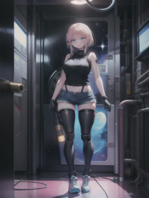 ((full body, Are standing):1.5), {(Princess Zelda)}, {((Comes with bionic body parts, Wearing a very tight black sleeveless shirt, Short Jeans Shorts)), ((very big breasts) ), ((very short, pink straight hair, blue eyes)), look at the viewer, smile, ((Strike an erotic pose)), ((Inside the spacecraft of the future, In front of the elevator, A window showing the stellar space, Futuristic machine, humanoid robot, Robot stuck in wall, Lighted pipe))}, 16k, highest quality, highest resolution, Maximum sharpness, super detailed, 16k, highest quality, highest resolution, Maximum sharpness, super detailed
