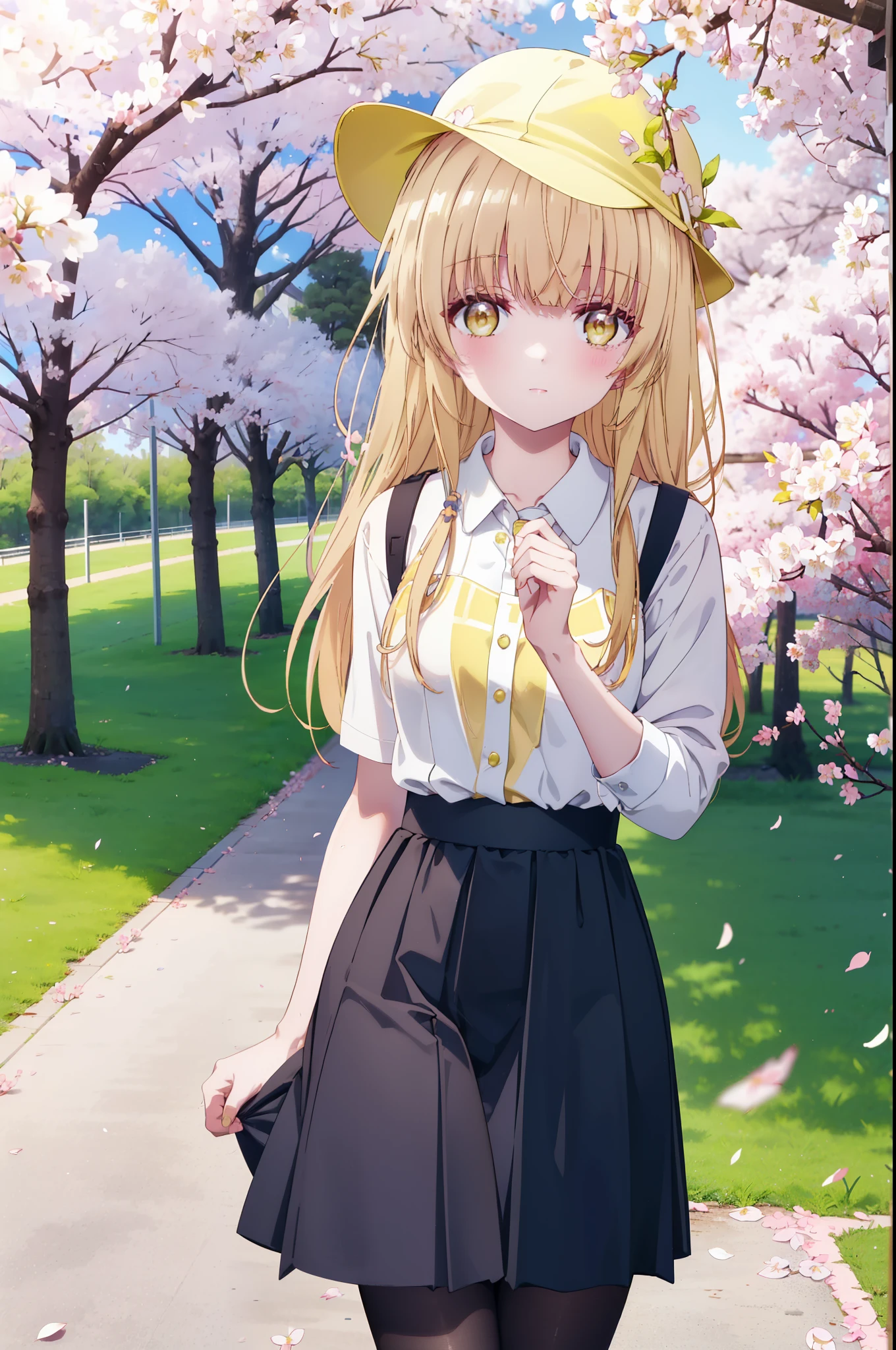 mahirushiina, Mahiru Shiina, long hair, bangs, blonde hair, brown hair, (yellow eyes:1.3), smile,blush,baseball cap,oversized yellow jacket,The front is open,pink tank top shirt,shorts,black pantyhose,Mini Boots,The cherry blossoms have bloomed,Cherry blossoms are scattered,Cherry blossom tree-lined path,morning,morning日,太陽が登っている
break outdoors, garden,
break looking at viewer, (cowboy shot:1.5),
break (masterpiece:1.2), highest quality, High resolution, unity 8k wallpaper, (figure:0.8), (detailed and beautiful eyes:1.6), highly detailed face, perfect lighting, Very detailed CG, (perfect hands, perfect anatomy),