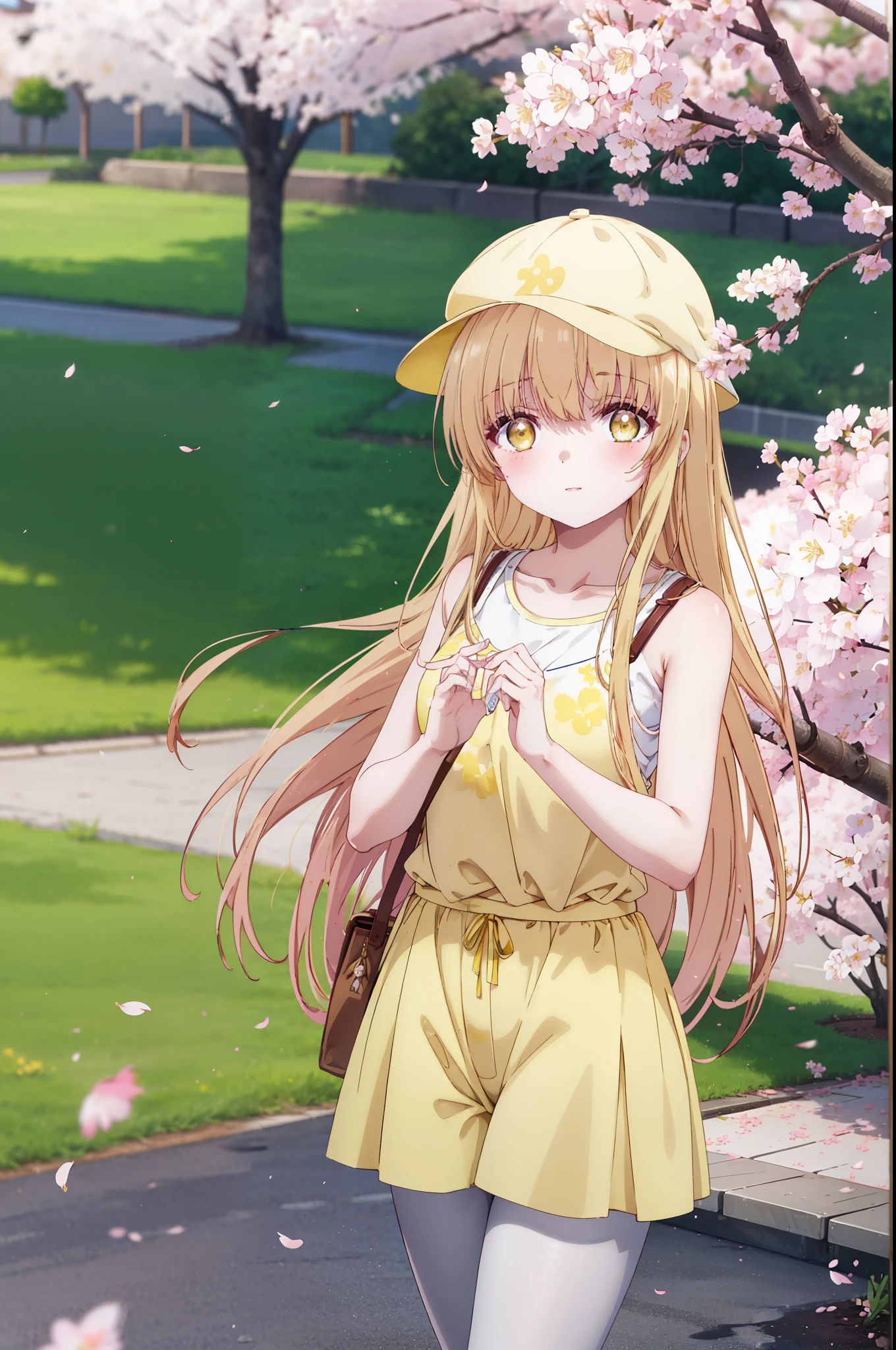 mahirushiina, Mahiru Shiina, long hair, bangs, blonde hair, brown hair, (yellow eyes:1.3), smile,blush,baseball cap,oversized yellow jacket,The front is open,pink tank top shirt,shorts,black pantyhose,Mini Boots,The cherry blossoms have bloomed,Cherry blossoms are scattered,Cherry blossom tree-lined path,morning,morning日,太陽が登っている
break outdoors, garden,
break looking at viewer, (cowboy shot:1.5),
break (masterpiece:1.2), highest quality, High resolution, unity 8k wallpaper, (figure:0.8), (detailed and beautiful eyes:1.6), highly detailed face, perfect lighting, Very detailed CG, (perfect hands, perfect anatomy),