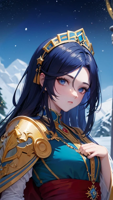 un hermoso retrato de emperatriz, pelo rubio, ojos azules perfectos, con un brillante, Impossible and striking large Christmas headdress, ropa batas de santa, todo navidad, snow asian, de cerca, d&d, Fancy