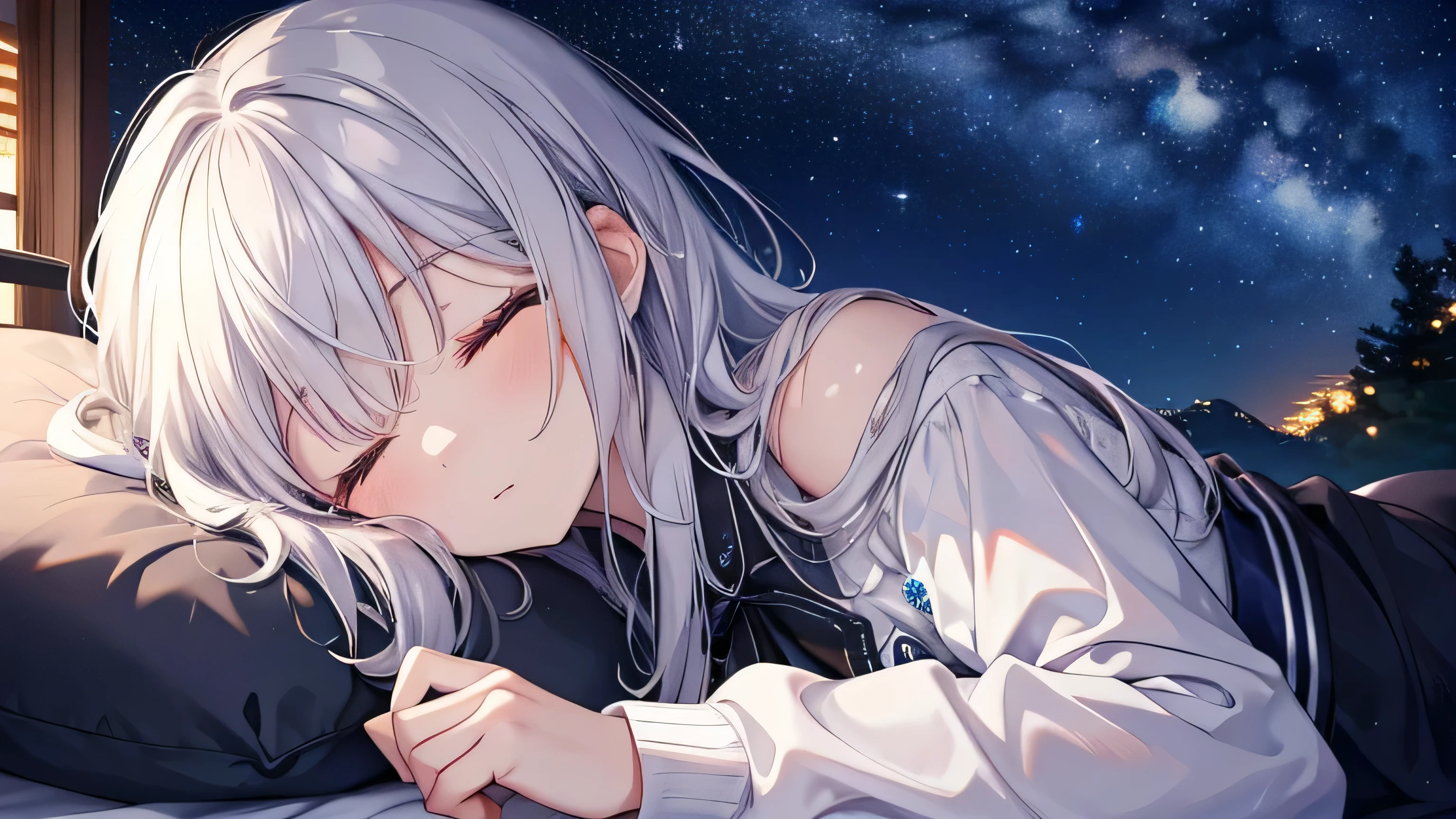 sleep(muste piece:1.2, high quality),mysterious,Fantastic starry night々shines,natural scenery,silver hair,young,cute,sleep