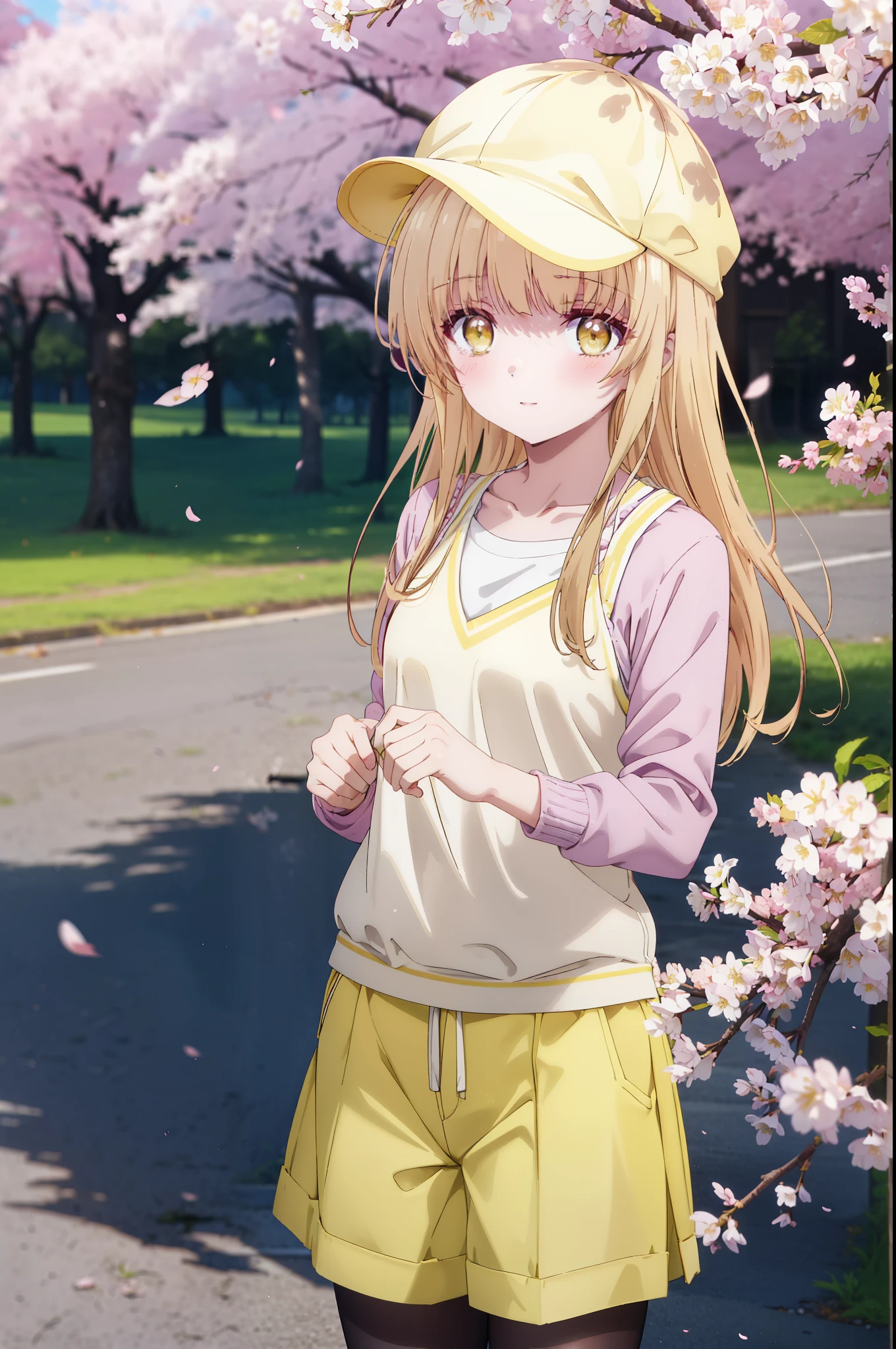 mahirushiina, Mahiru Shiina, long hair, bangs, blonde hair, brown hair, (yellow eyes:1.3), smile,blush,baseball cap,Jacket,The front is open,pink tank top shirt,shorts,black pantyhose,Mini Boots,The cherry blossoms have bloomed,Cherry blossoms are scattered,Cherry blossom tree-lined path,morning,morning日,太陽が登っている
break outdoors, garden,
break looking at viewer, (cowboy shot:1.5),
break (masterpiece:1.2), highest quality, High resolution, unity 8k wallpaper, (figure:0.8), (detailed and beautiful eyes:1.6), highly detailed face, perfect lighting, Very detailed CG, (perfect hands, perfect anatomy),