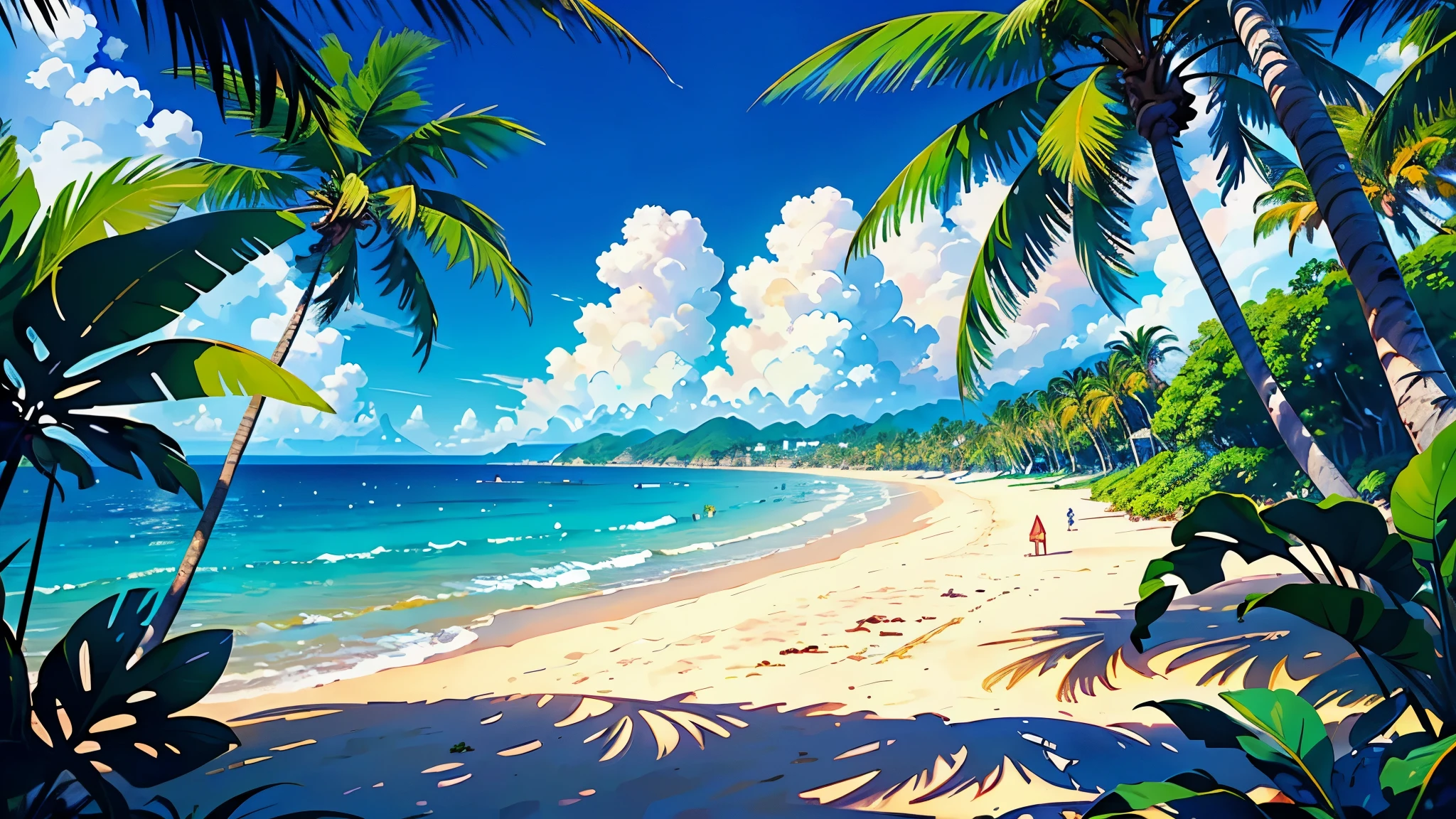 (highest quality, masterpiece, High resolution)、((anime art))、((There are no people))、 (Beautiful tropical beach landscape photography)、cinematic light、particles of light、tropical、(flowers on the beach)、Palm tree、on a sunny beach、sandy beach、beach、Ocean、island、 (blue sky and white clouds)、squall、(rainbow)、