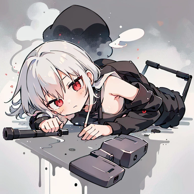 avatar image,Chibi,(1 person),shining eyes,red eyes,A white-haired boy wearing a black hoodie,Melancholic style, white haired god,Maple Story Style, The smoke melts into my body, ((
HS-ChineseSniperGunSeries,cigarette smoker,)),lie down,Sniper pose,Looking through a sniper&#39;s scope