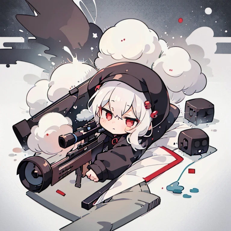 avatar image,Chibi,(1 person),shining eyes,red eyes,A white-haired boy wearing a black hoodie,Melancholic style, white haired god,Maple Story Style, The smoke melts into my body, ((
HS-ChineseSniperGunSeries,cigarette smoker,)),lie down,Sniper pose,Looking through a sniper&#39;s scope