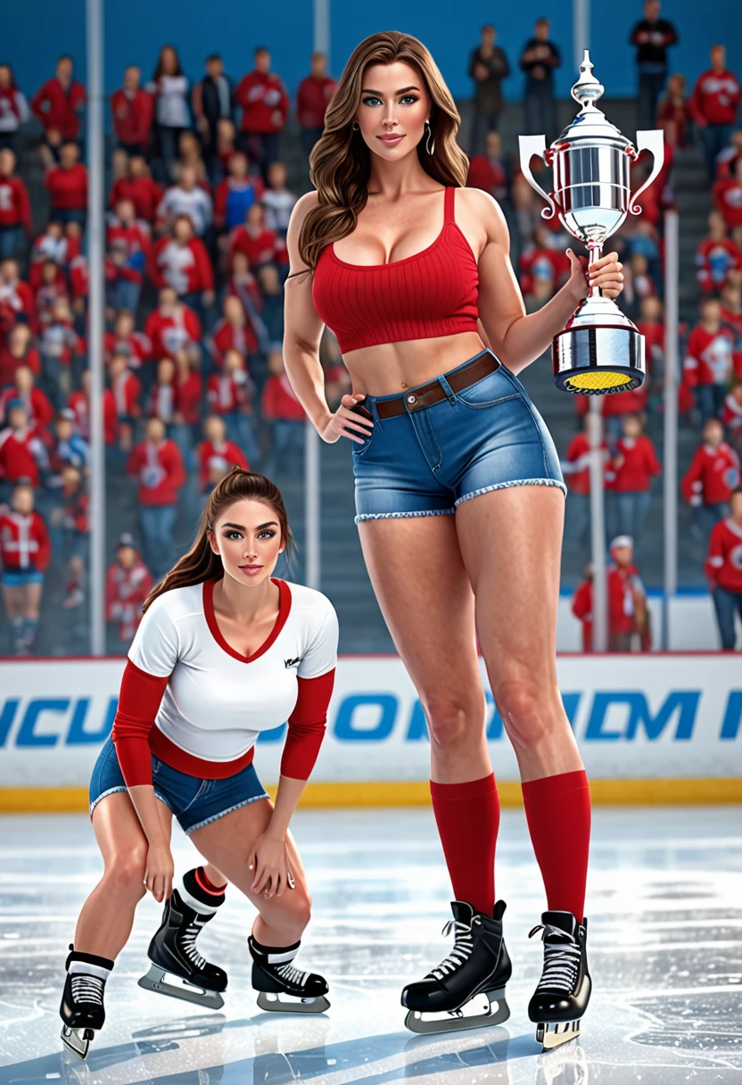(a tall, muscular woman journalist with huge breasts, large hips, and massive thighs, blue eyes, and brown hair), (wearing mini denim shorts and a white crop top), (standing on the ice, holding a small trophy), (next to a short hockey player in a red outfit), (highly realistic, 4K resolution, ultra-detailed), (photorealistic style), (vibrant colors), (natural lighting)