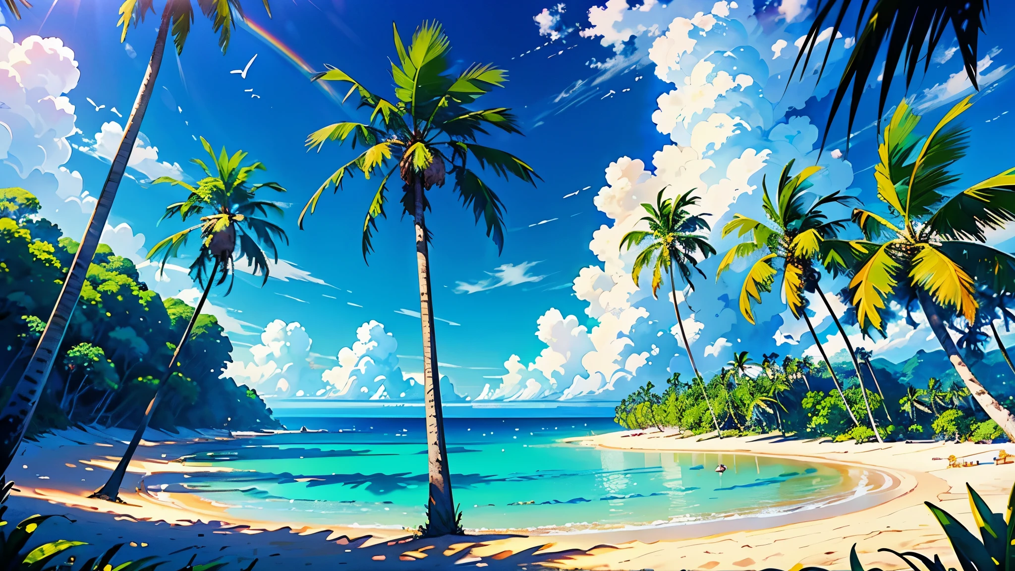 (highest quality, masterpiece, High resolution)、((anime art))、((There are no people))、 (Beautiful tropical beach landscape photography)、cinematic light、particles of light、tropical、(flowers on the beach)、Palm tree、on a sunny beach、sandy beach、beach、Ocean、island、 (blue sky and white clouds)、squall、(rainbow)、