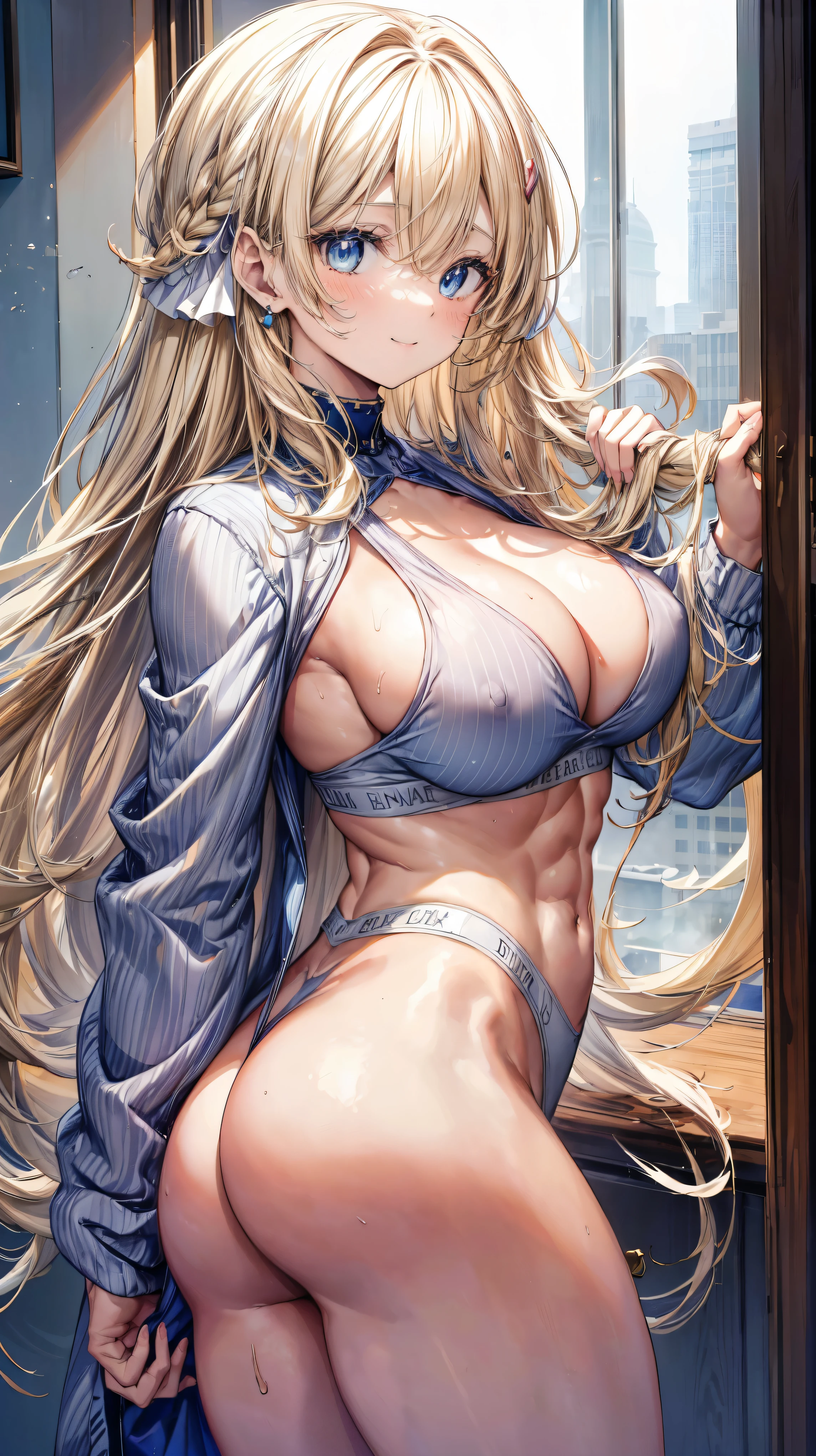 sensual, ((long blonde curly hair)), thick thighs, 8k, 4k, highest quality, High resolution:1.2), cute anime face, noise reduction, ((shining blue eyes, gentle smile, kind eyes))、toned abdominal muscles, muscular arms, muscular legs, young face, anime eyes, (((big breasts、A chest that is about to burst)))、(((bondage style)))、(((Rear view、I'll turn around、emphasize the buttocks、T-back that digs into your butt)))、(((white string)))